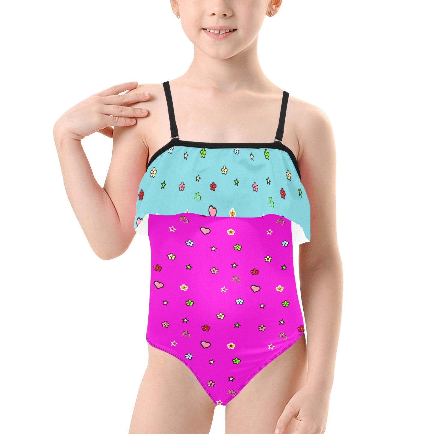 AfriBix Love Heart Girls Ruffle Kids Swimsuit - Pink and Blue