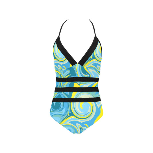 Sea Blue Marble Lace Band Embossed Swimsuit