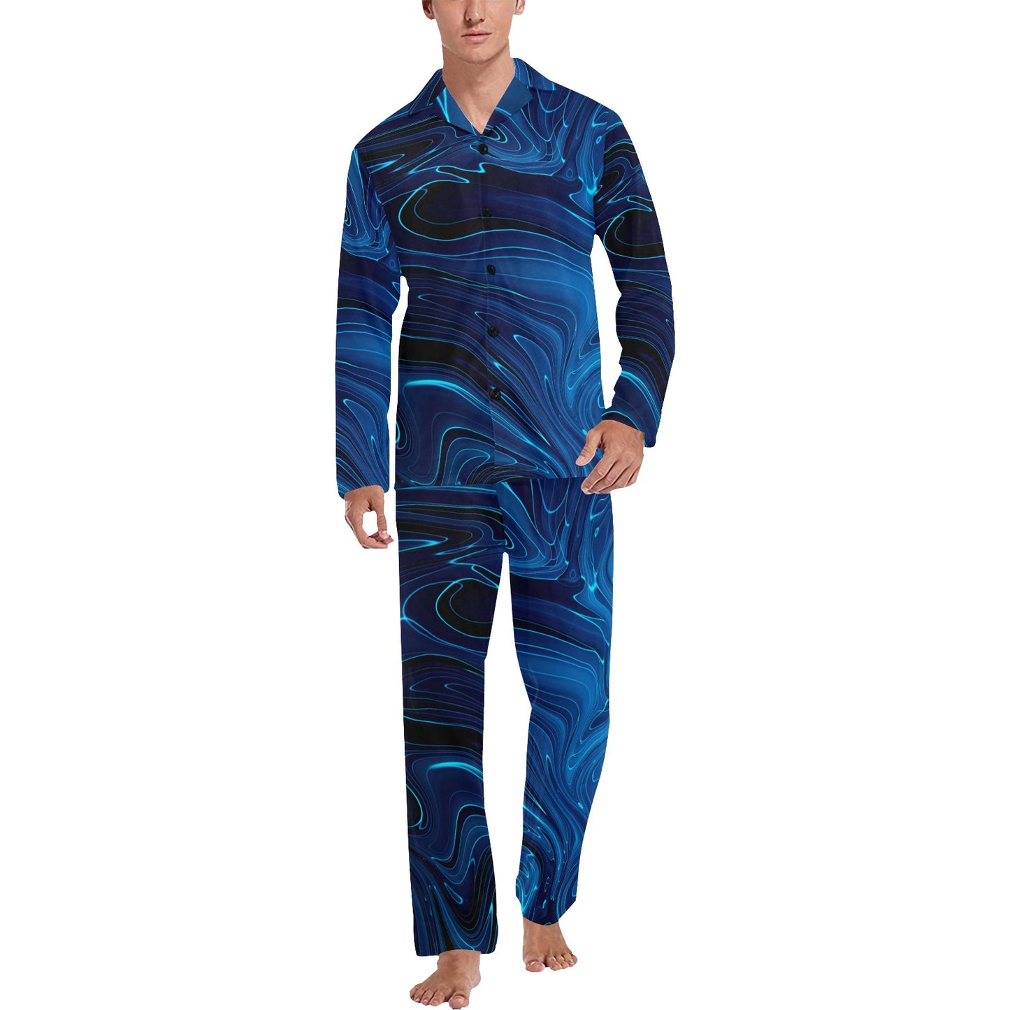Blue Waves Marble Print Men's Long Sleeve Loungewear Set