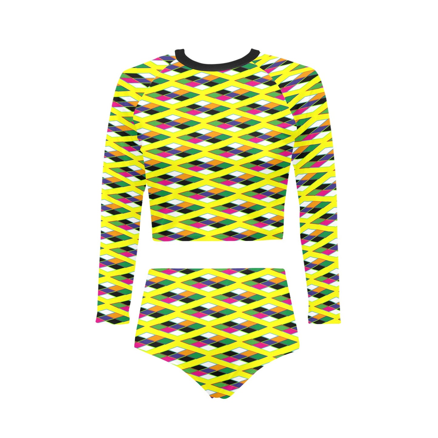 Pyramid Print Long Sleeve Yellow Bikini Swimsuit Set