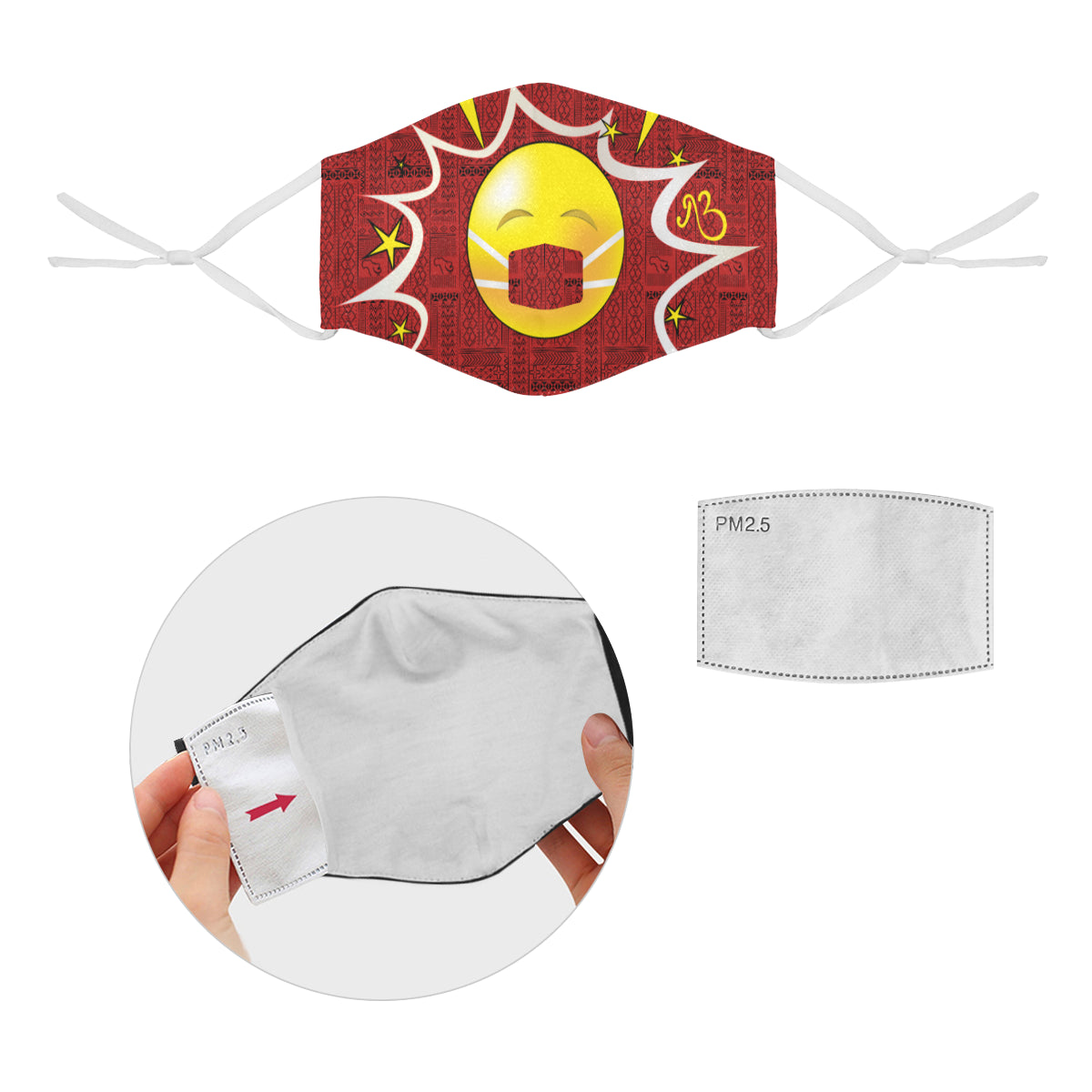 Mask on Tribal Print Comic Emoji Cotton Fabric Face Mask with Filter Slot and Adjustable Strap - Non-medical use (2 Filters Included)