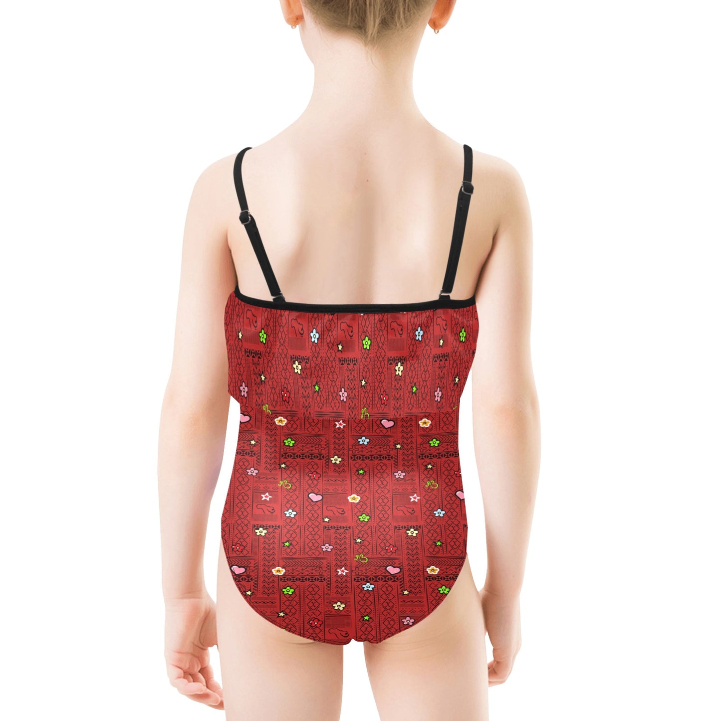 AfriBix Tribal Print Girls Ruffle Flower Kids Swimsuit - Red