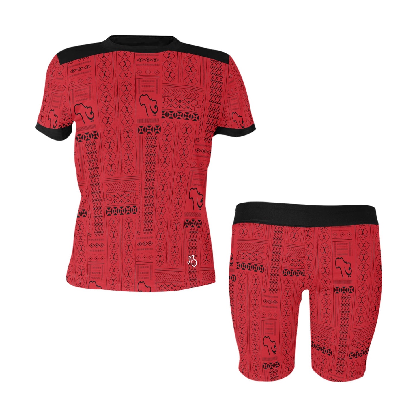 Tribal Print 2 Piece Red Spandex Lounge Wear Bike Short Set