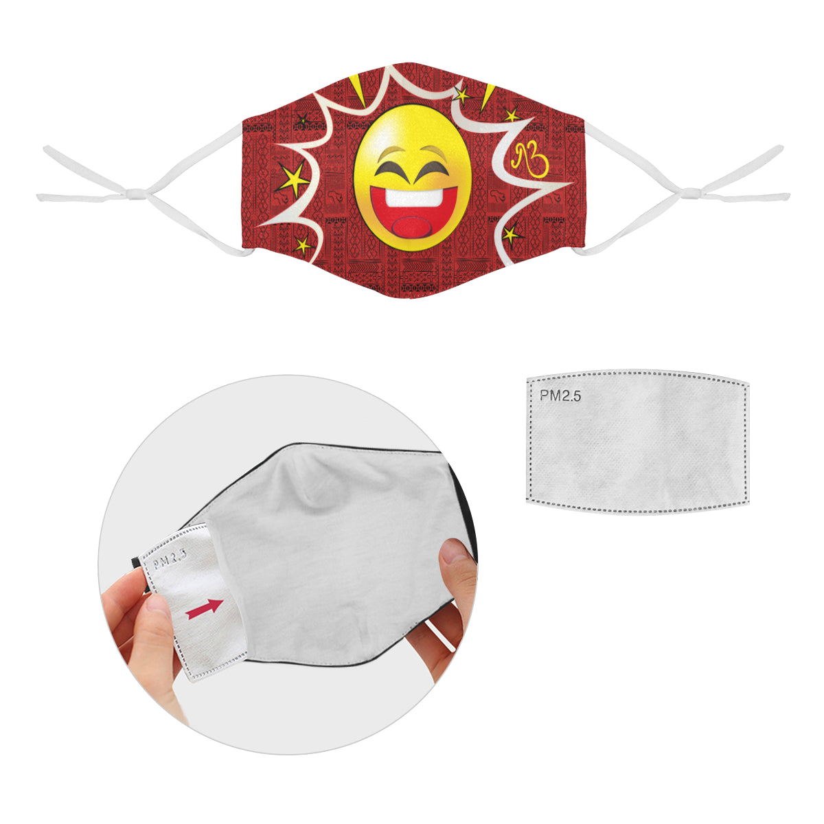 Grin Tribal Print Comic Emoji Cotton Fabric Face Mask with Filter Slot and Adjustable Strap - Non-medical use (2 Filters Included)