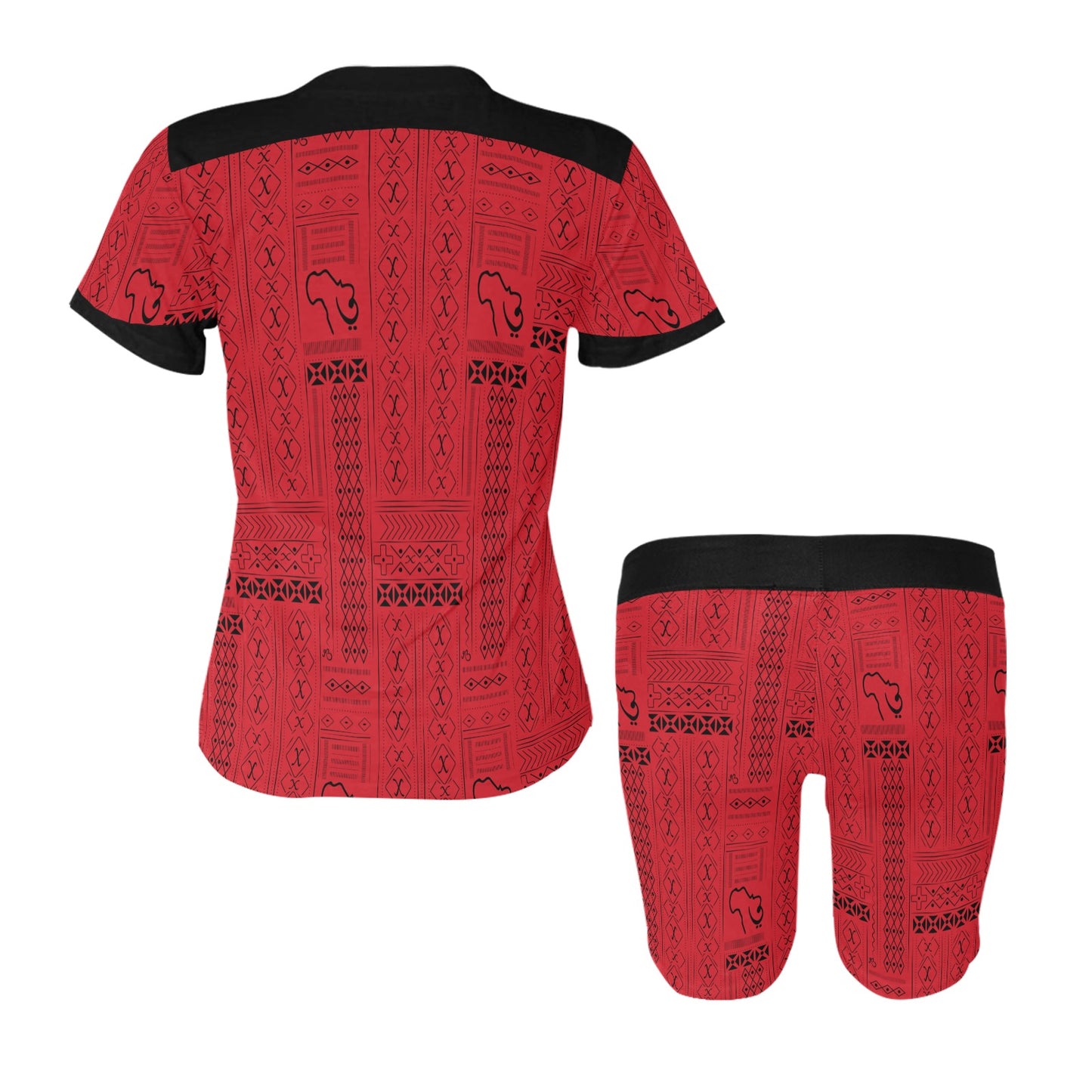 Tribal Print 2 Piece Red Spandex Lounge Wear Bike Short Set