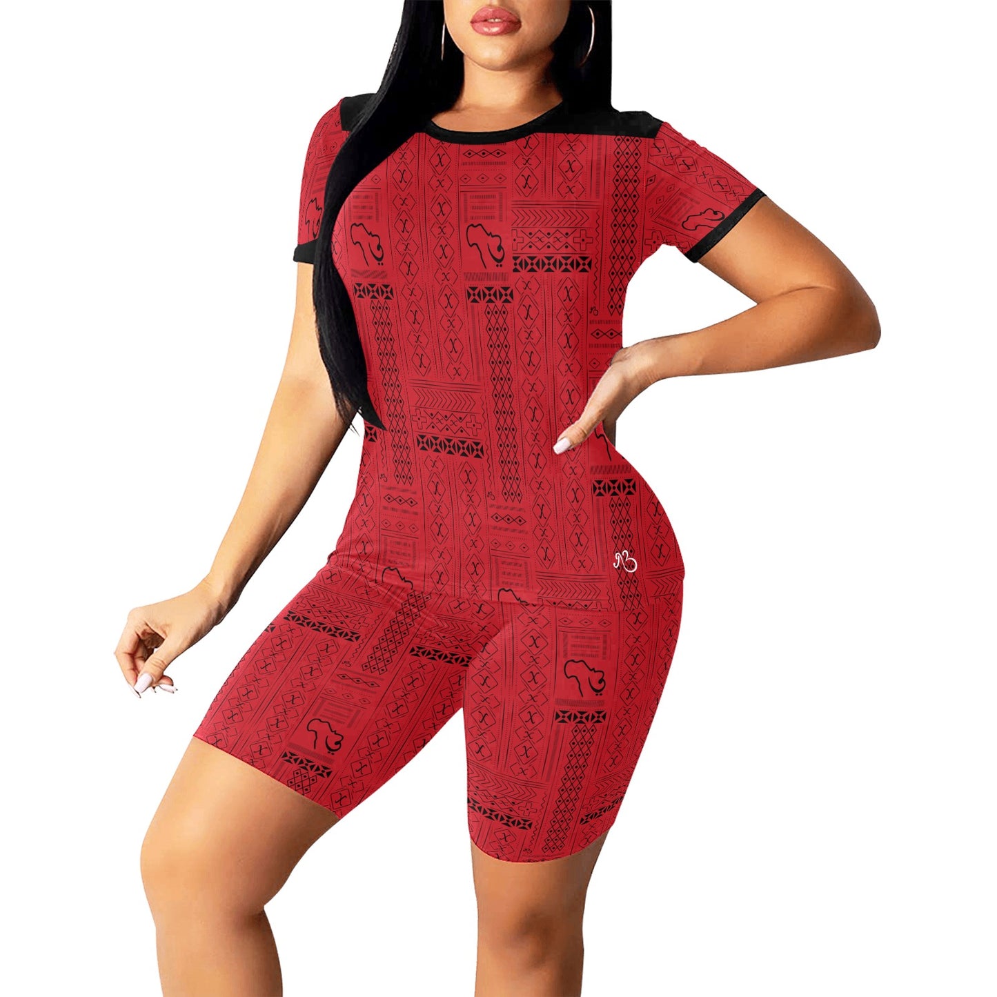 Tribal Print 2 Piece Red Spandex Lounge Wear Bike Short Set