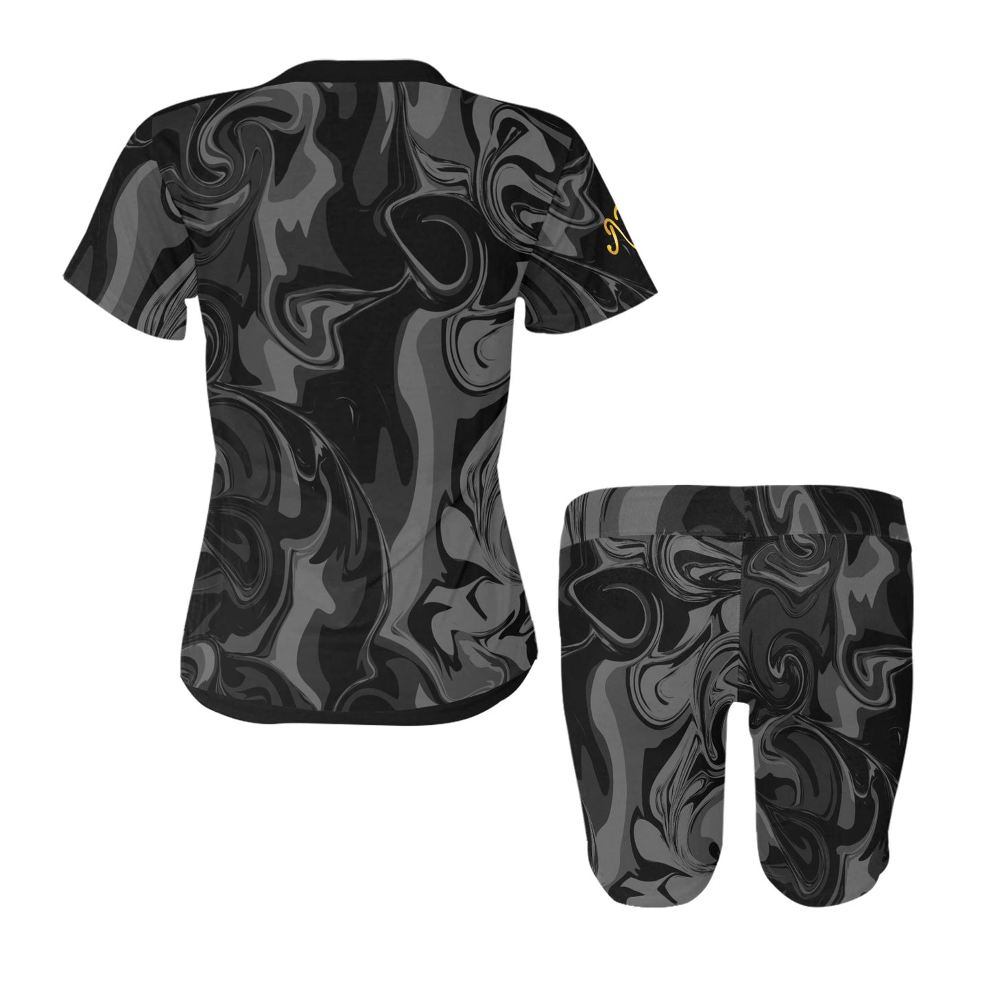 Marble Print 2 Piece Black Spandex Lounge Wear Bike Short Set