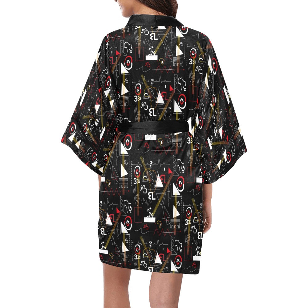 Linear Print Black Short Kimono Robe Coverup