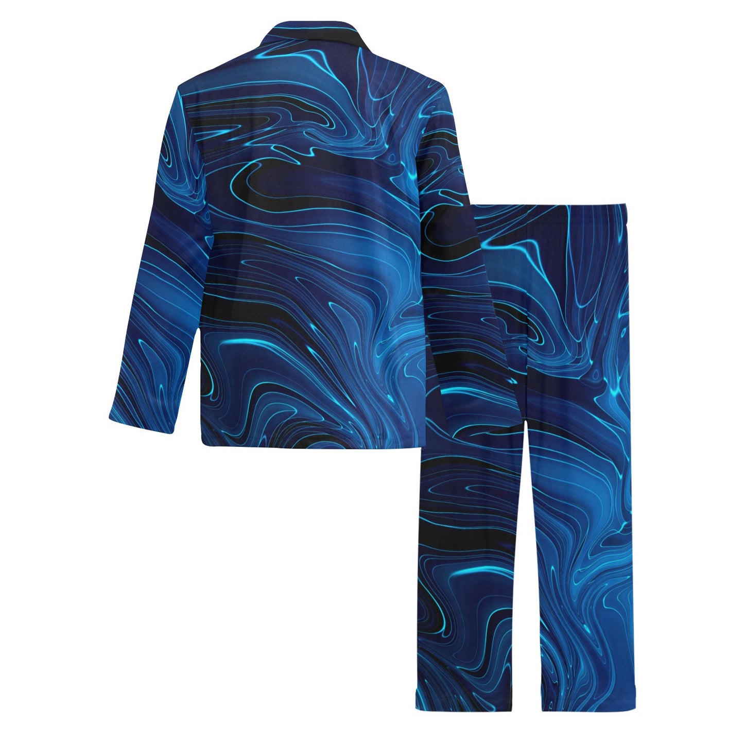 Blue Waves Marble Print Men's Long Sleeve Loungewear Set