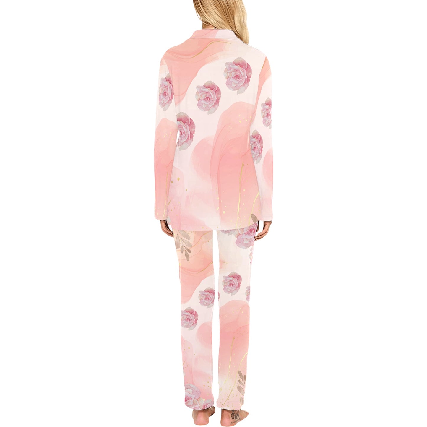 Pink Floral and Marble Print Rose Women's Long Pyjama Set
