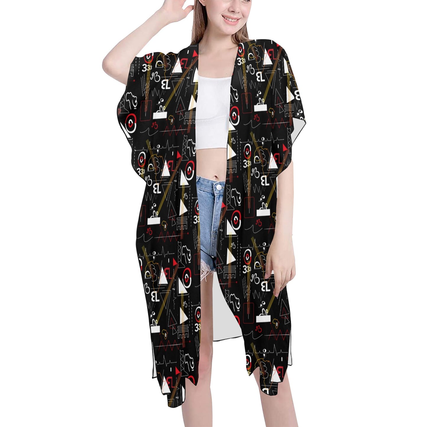 Black Linear Print Chiffon Swimsuit Coverall