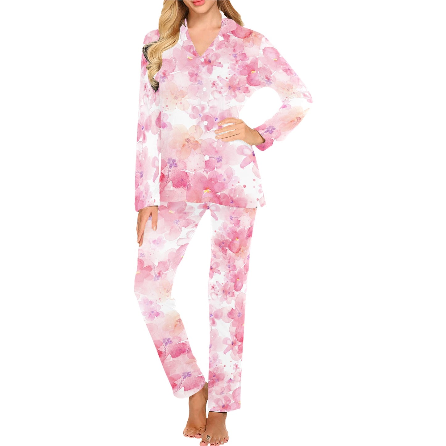 Pink Floral Women's Long Pyjama Set