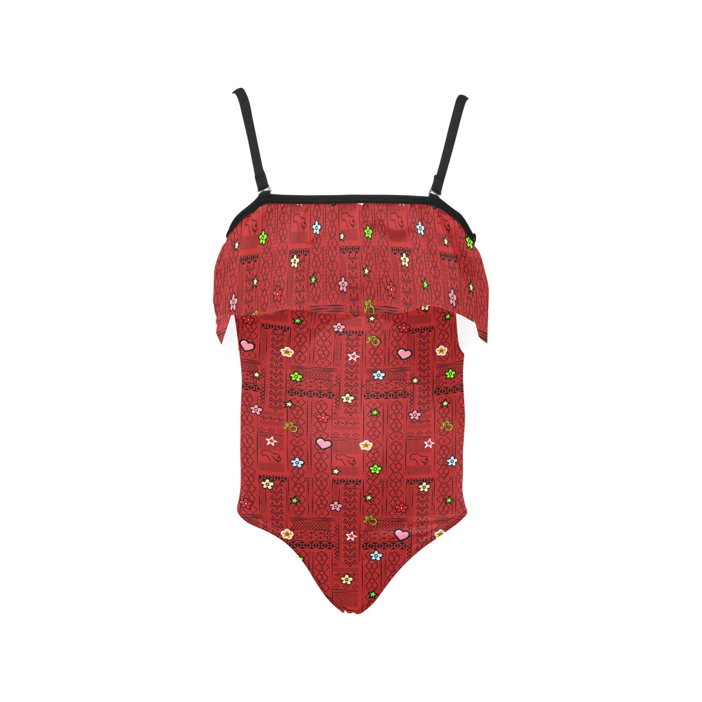 AfriBix Tribal Print Girls Ruffle Flower Kids Swimsuit - Red