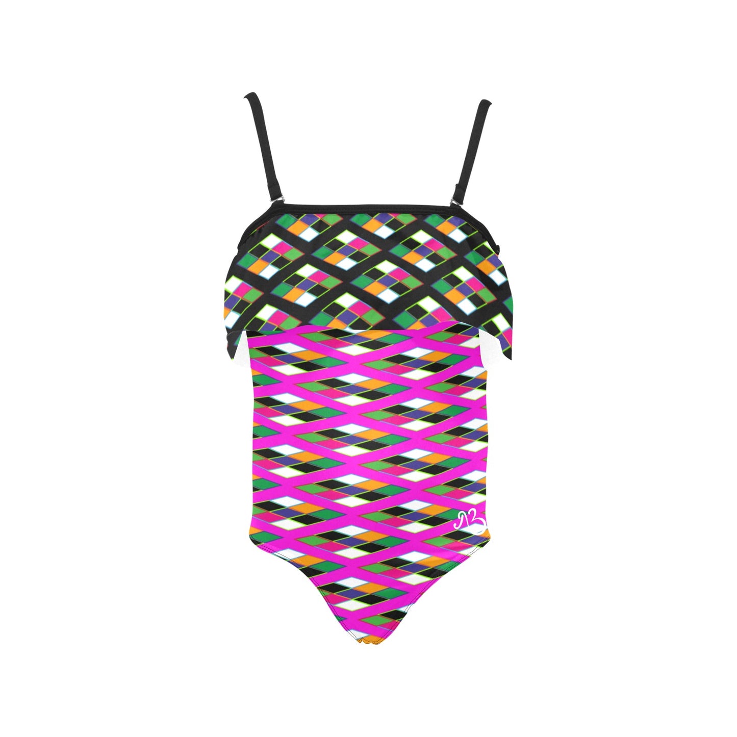 AfriBix Heritage Print Girls Ruffle Kids Swimsuit - Pink