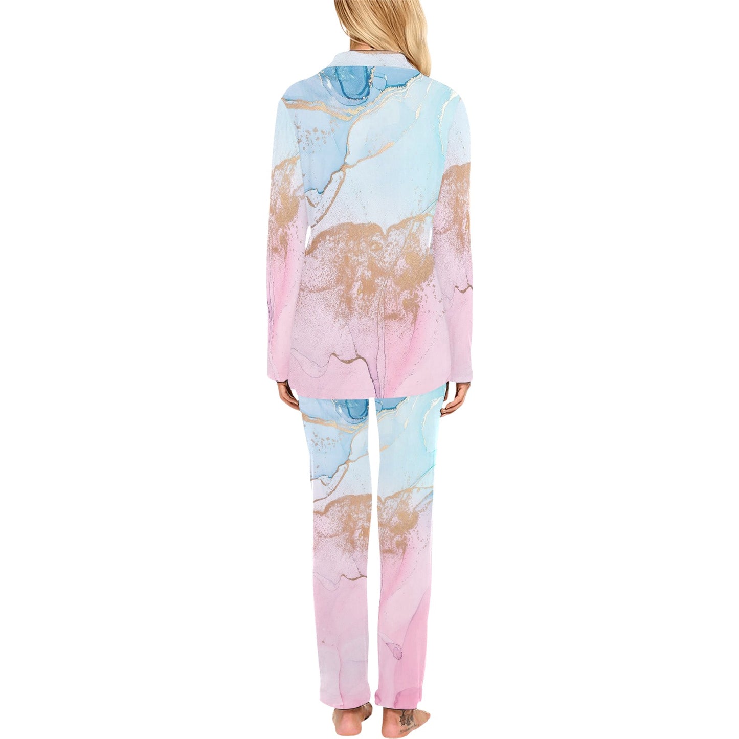 Pink and Blue Marble Print Women's Long Pyjamas
