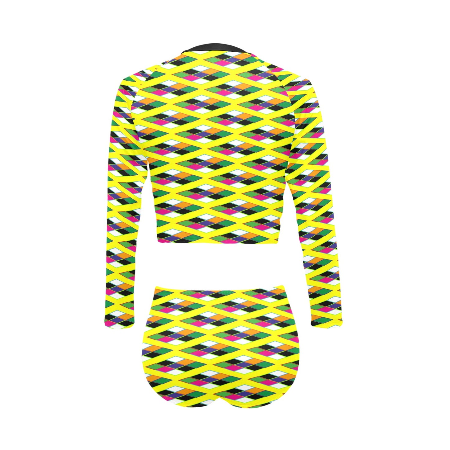 Pyramid Print Long Sleeve Yellow Bikini Swimsuit Set