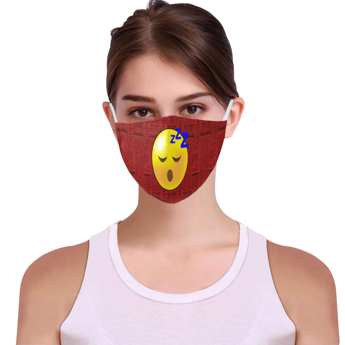 I'm Tired! Tribal Print Emoji Cotton Fabric Face Mask with Filter Slot and Adjustable Strap - Non-medical use (2 Filters Included)