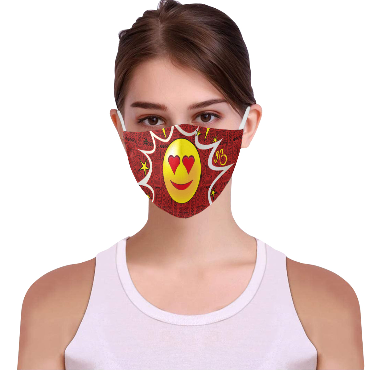 Heart Tribal Print Comic Emoji Cotton Fabric Face Mask with Filter Slot and Adjustable Strap - Non-medical use (2 Filters Included)