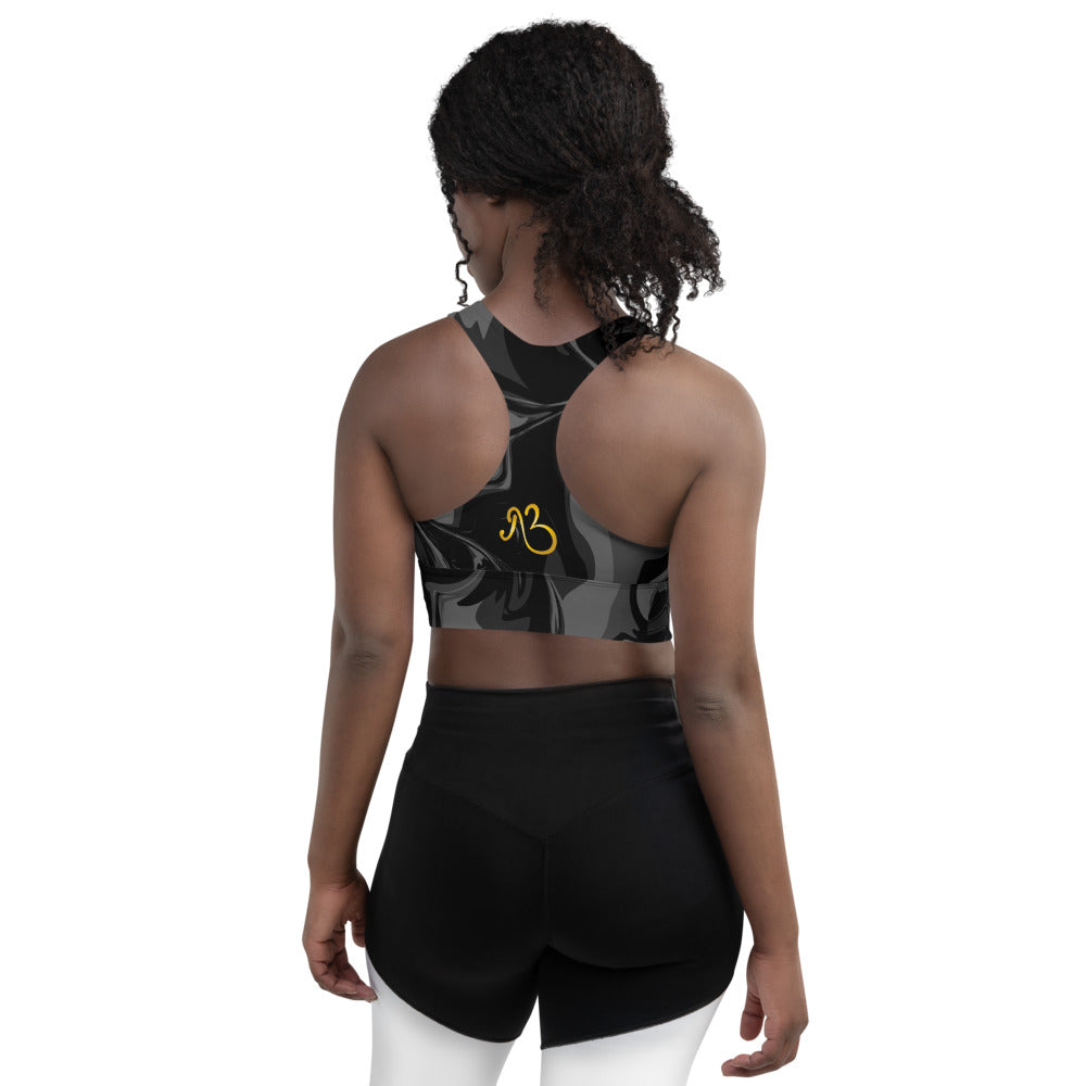 Black Marble Print Longline Sports Bra