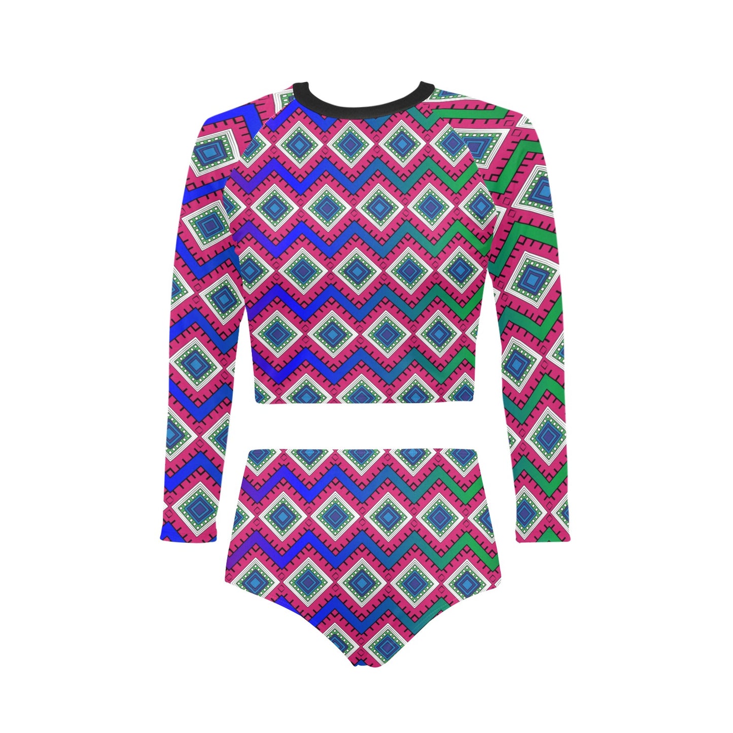Quad Print Long Sleeve Bikini Swimsuit Set