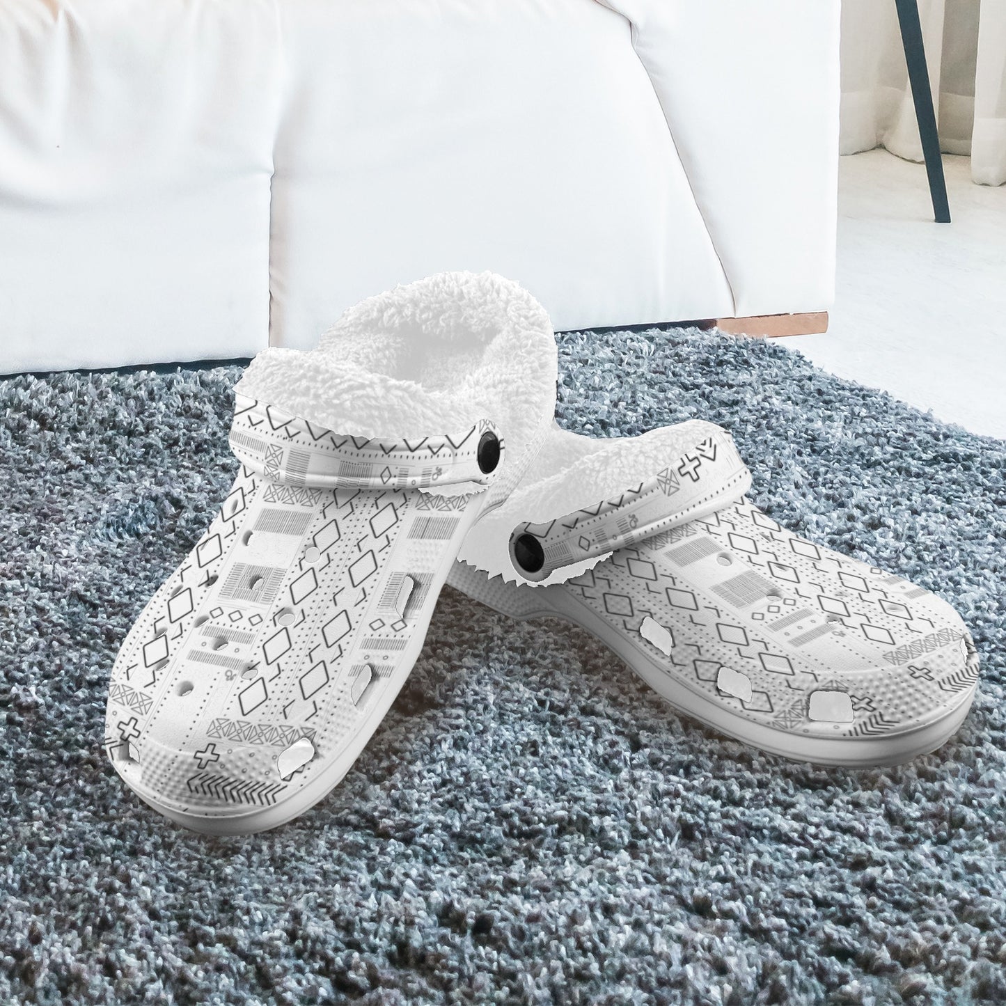 AfriBix White Tribal Print Fleece Lined Unisex Clogs