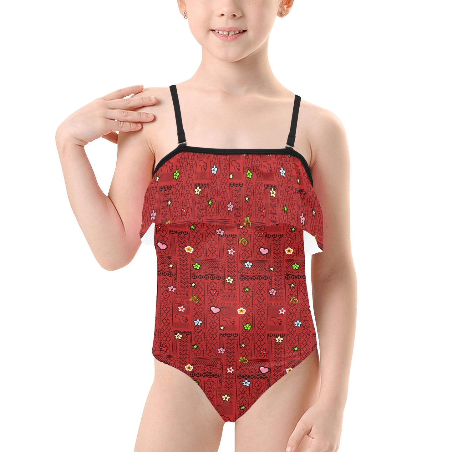AfriBix Tribal Print Girls Ruffle Flower Kids Swimsuit - Red
