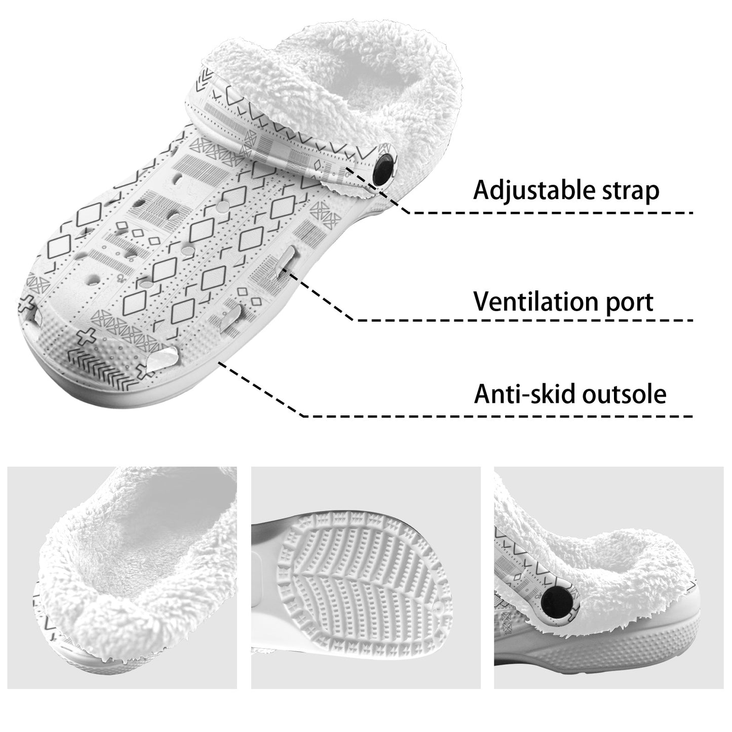 AfriBix White Tribal Print Fleece Lined Unisex Clogs