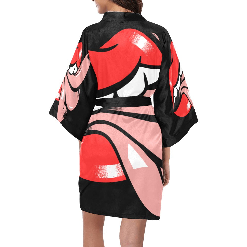 Lip Art Black Kimono Robe