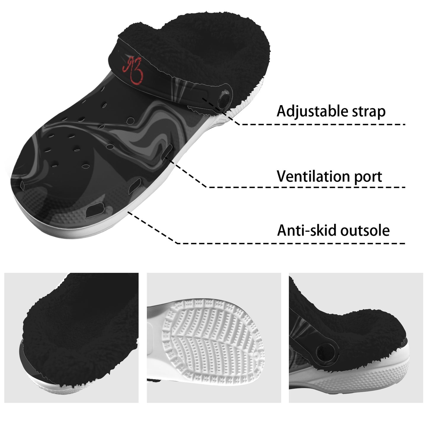 Black Marble Fleece Lined Unisex Clogs Warm Slippers