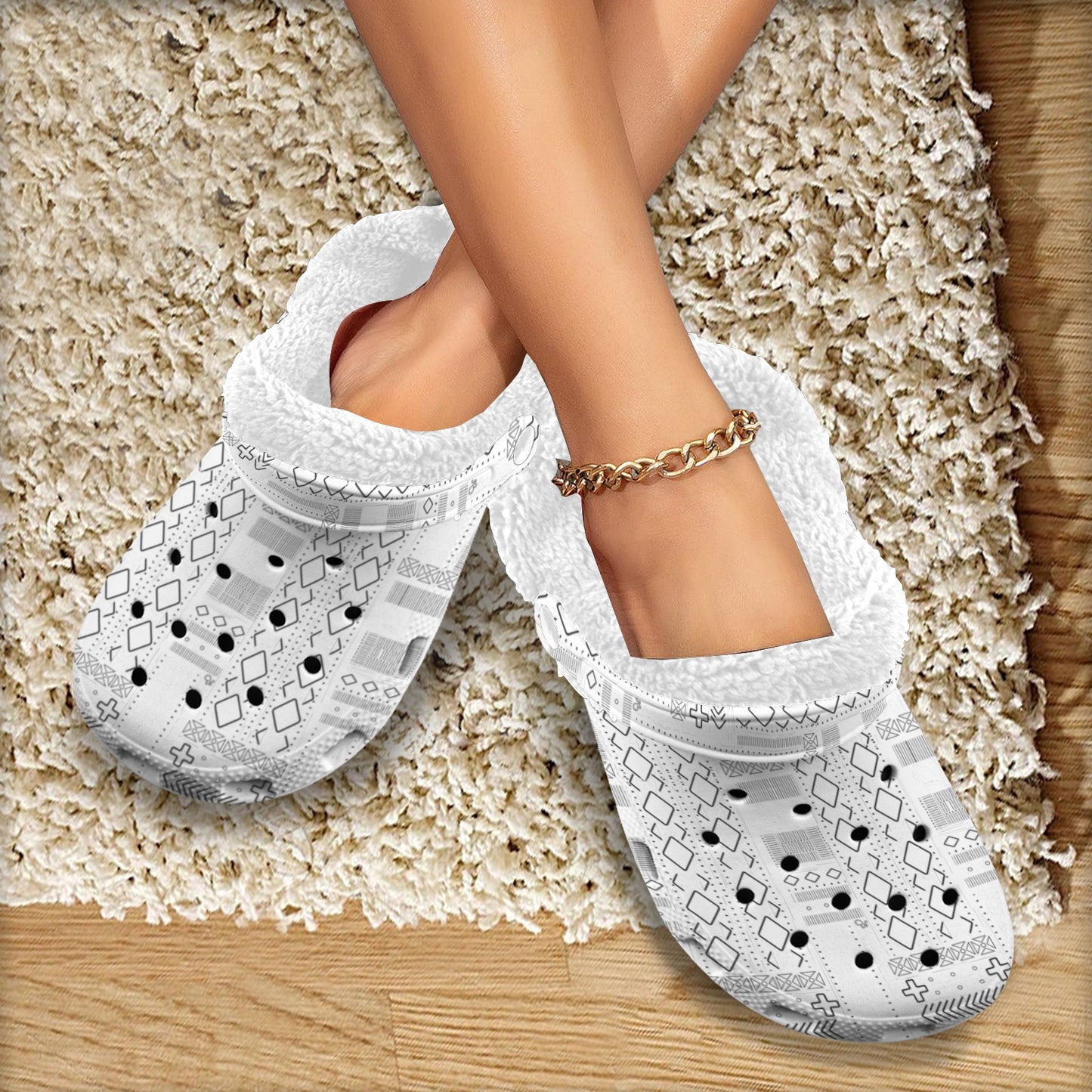 AfriBix White Tribal Print Fleece Lined Unisex Clogs