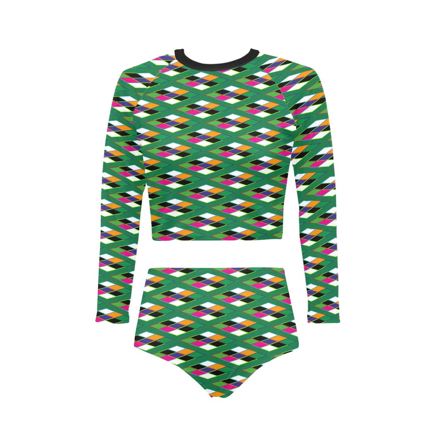 Pyramid Print Long Sleeve Green Bikini Set