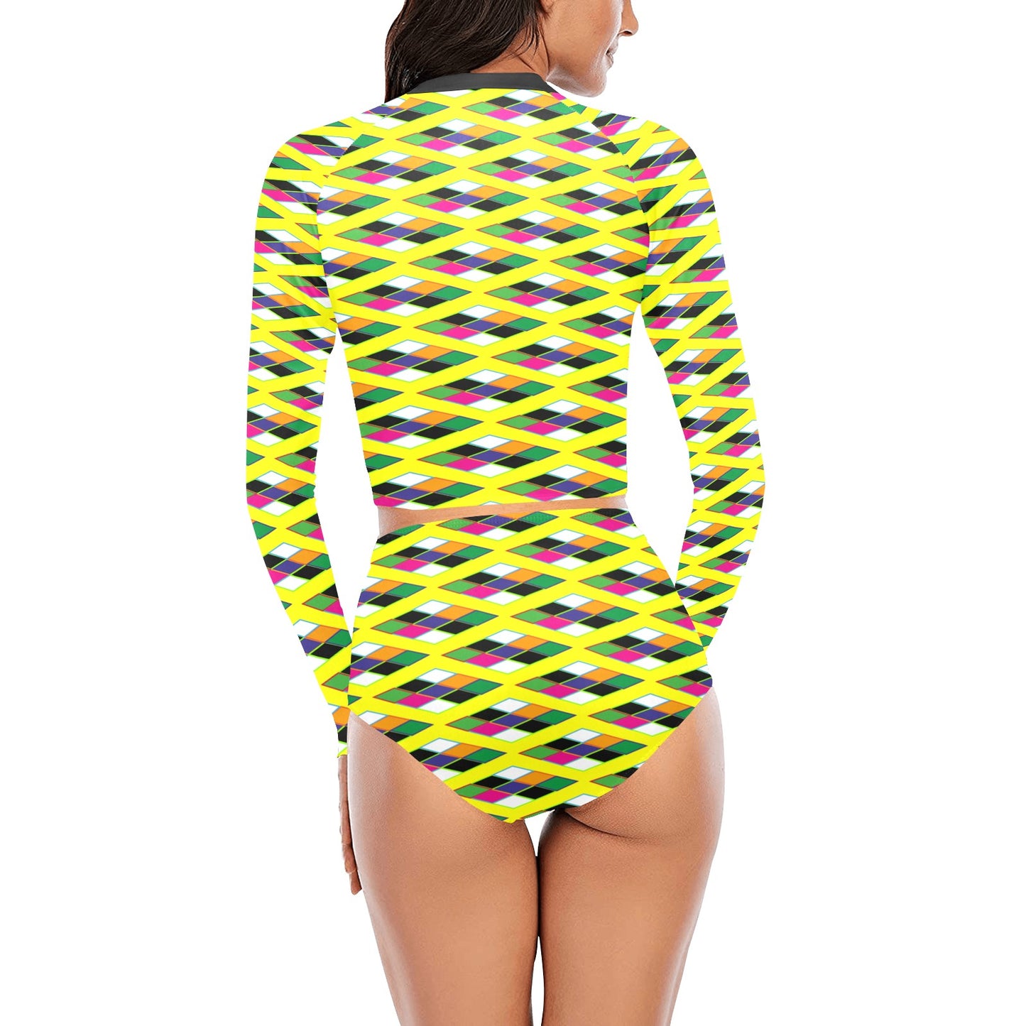 Pyramid Print Long Sleeve Yellow Bikini Swimsuit Set