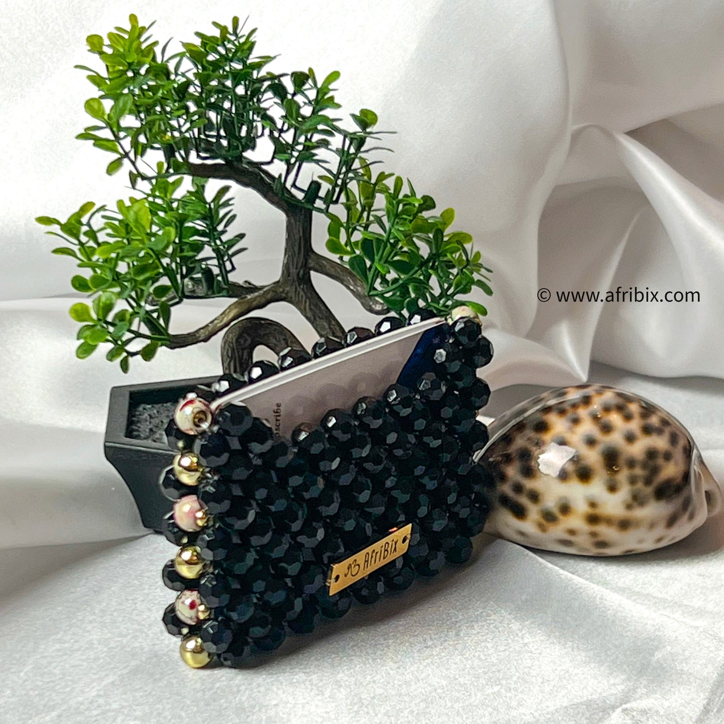 Black Crystal Bead Business Card and Credit Card Holder