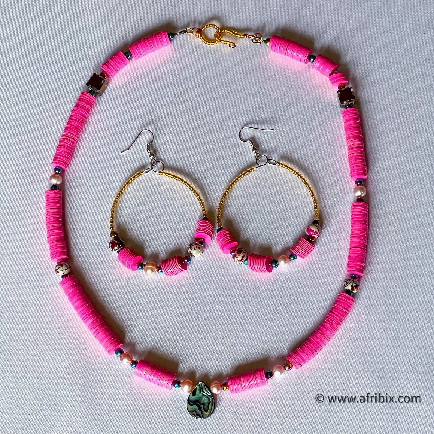Pink Pearl Necklace and Hoop Earring Set
