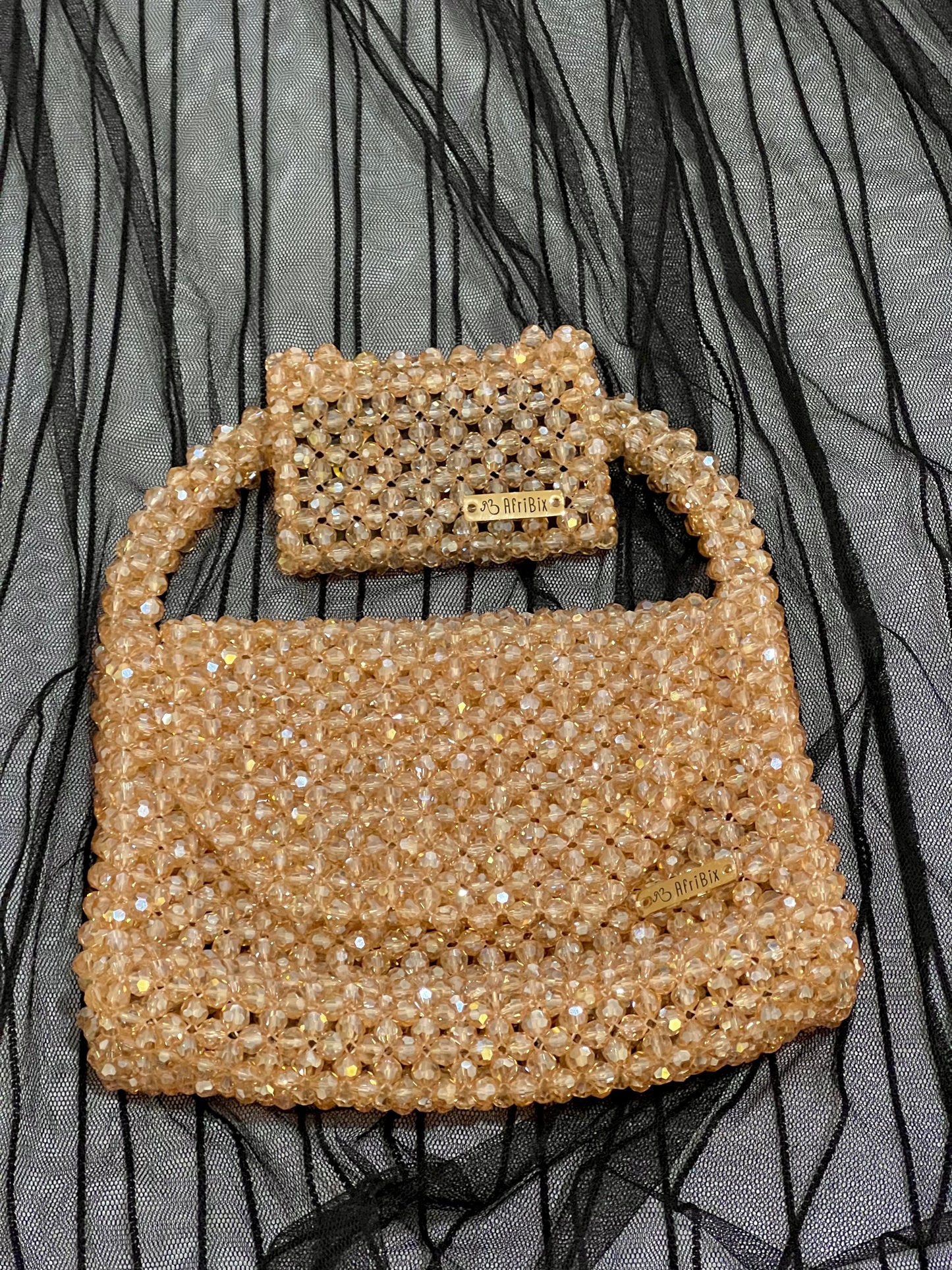 Champagne Gold Glass Crystal Bead Purse Dinner Hand Bag