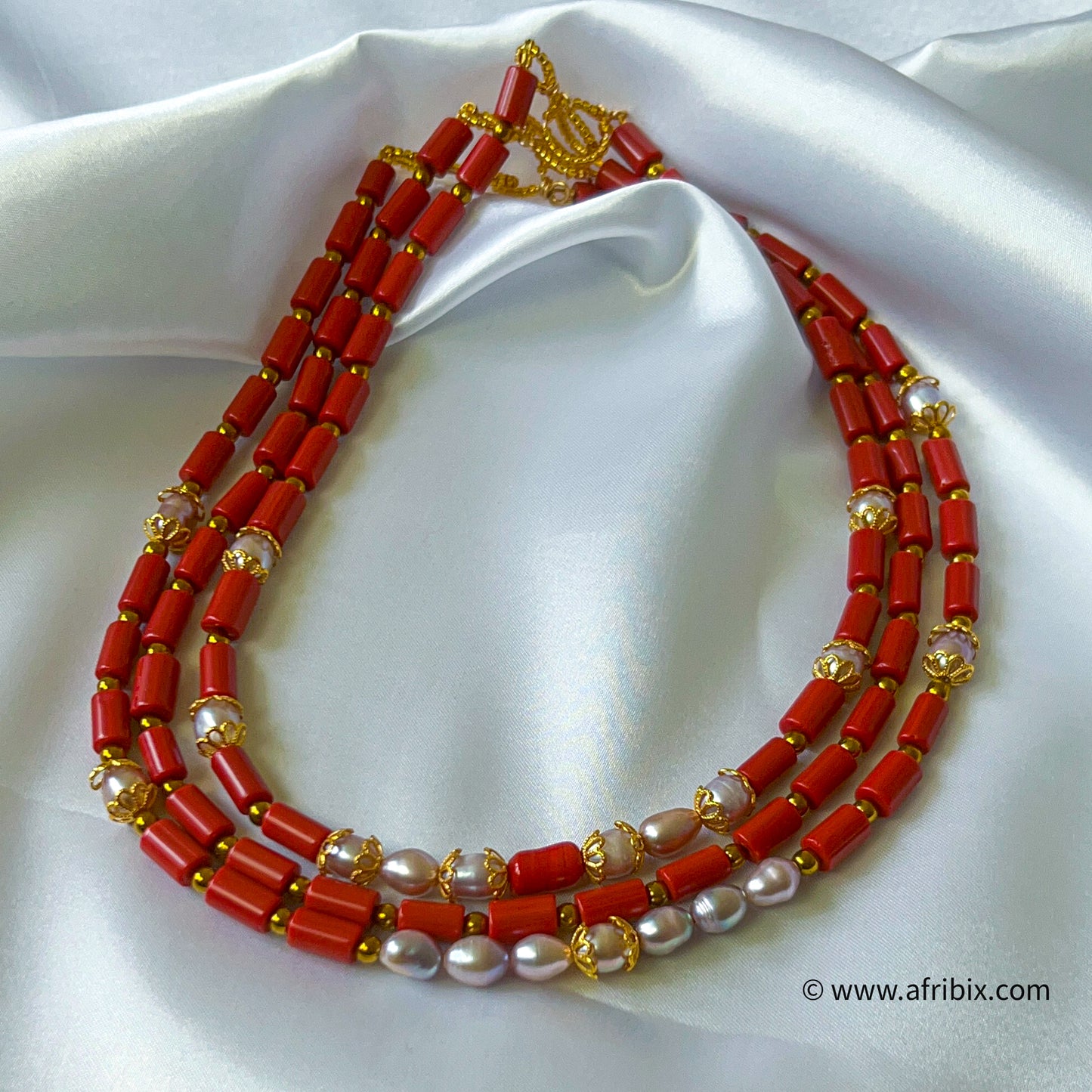 Emotan Pearl and Coral Necklace 3 Piece set.