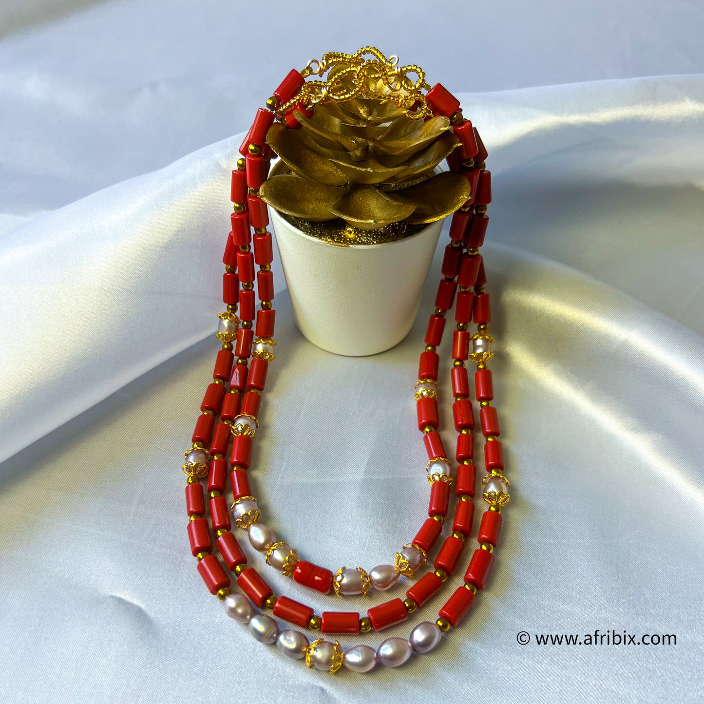 Emotan Pearl and Coral Necklace 3 Piece set.