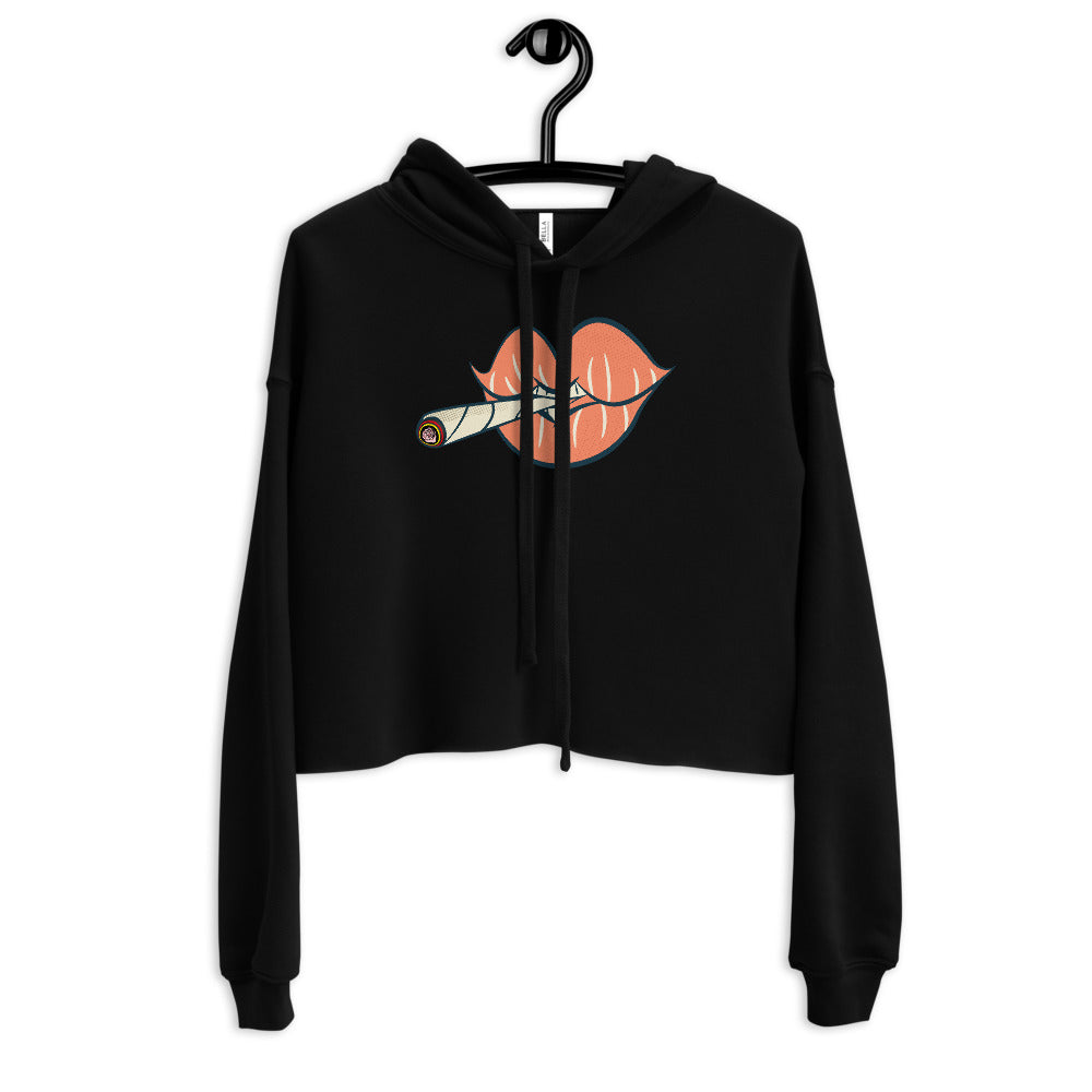 'Puff on Dis' Graphic Lips Comfy Crop Hoodie