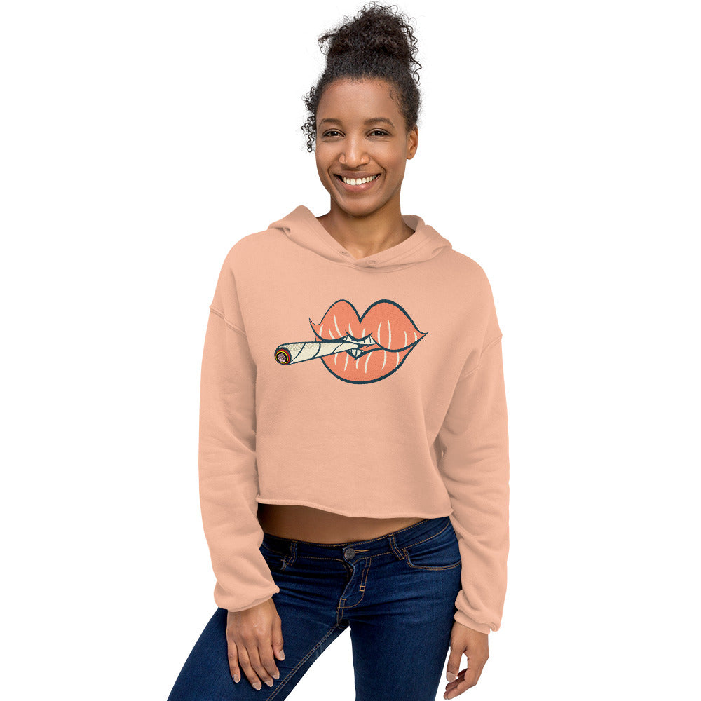 'Puff on Dis' Graphic Lips Comfy Crop Hoodie