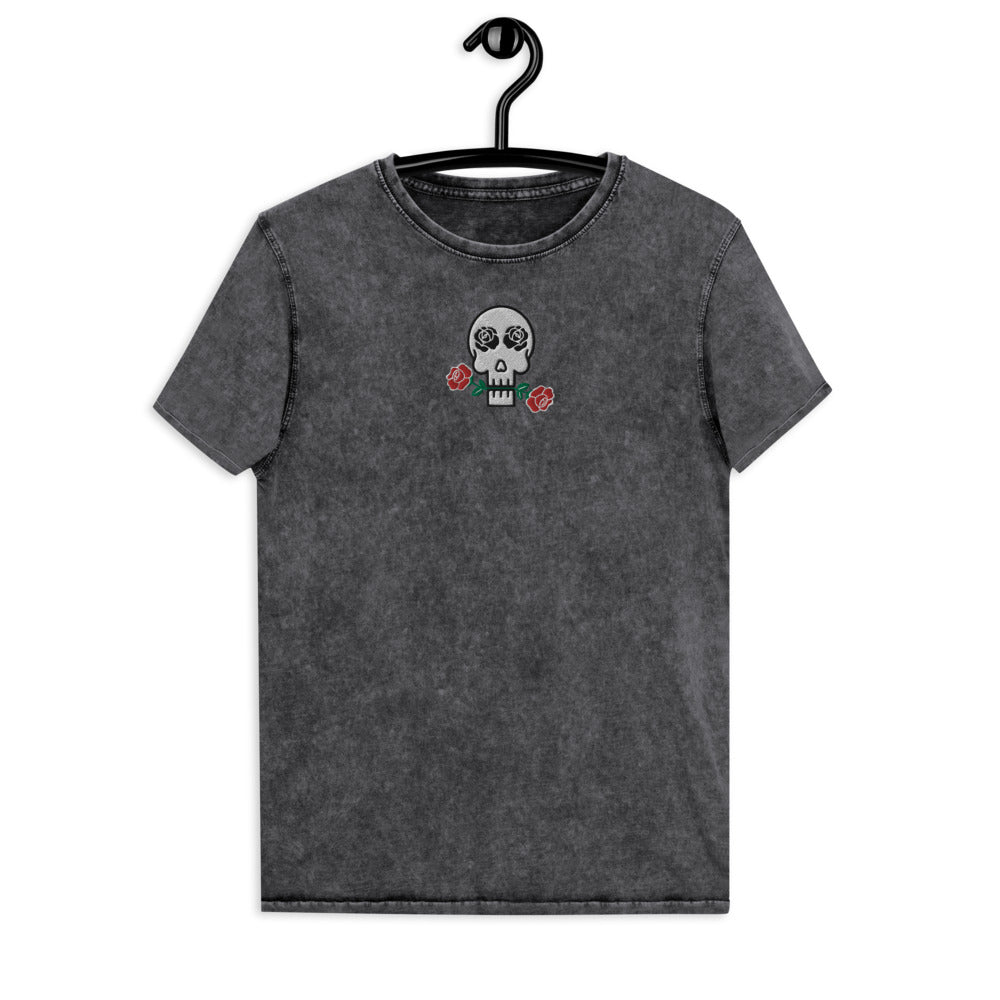 Skulls and Roses Embroidered Denim T-Shirt
