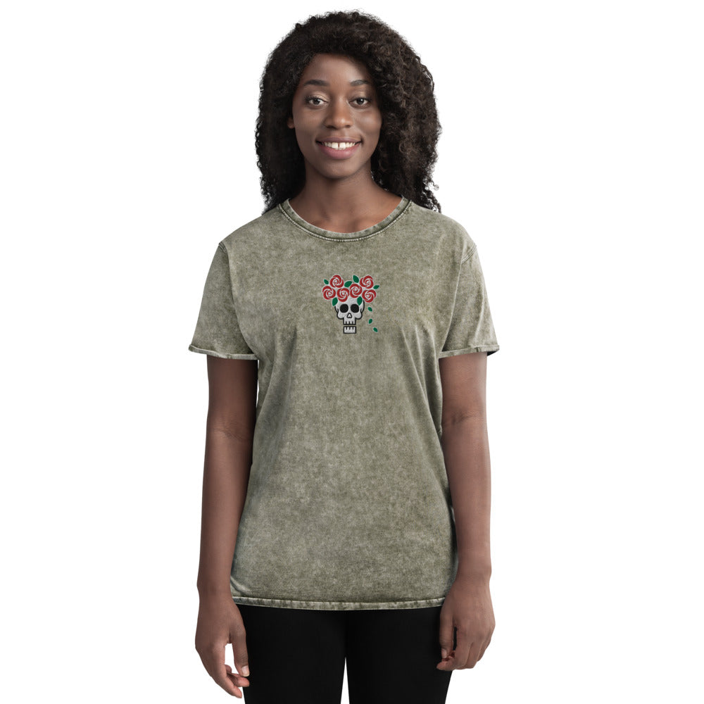 Skull Royalty Flower Embroidered Denim T-Shirt