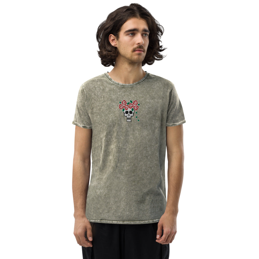 Skull Royalty Flower Embroidered Denim T-Shirt