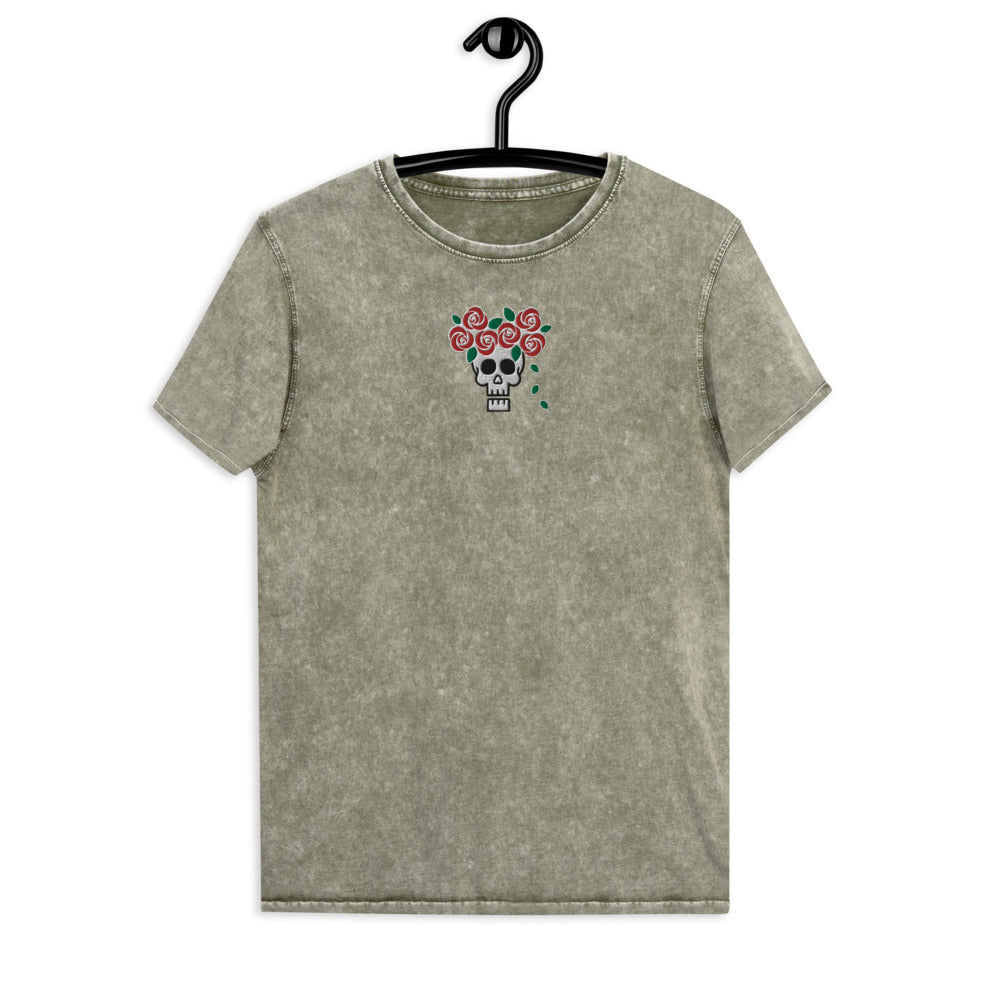 Skull Royalty Flower Embroidered Denim T-Shirt