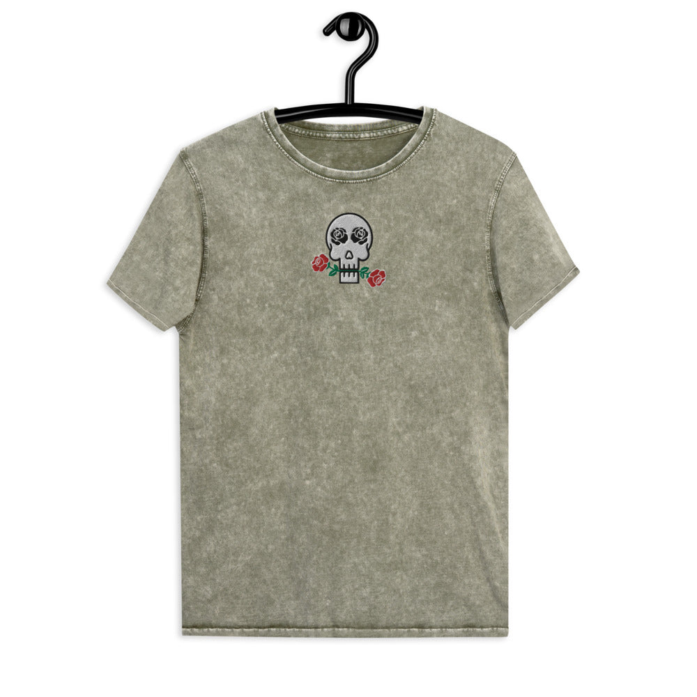 Skulls and Roses Embroidered Denim T-Shirt