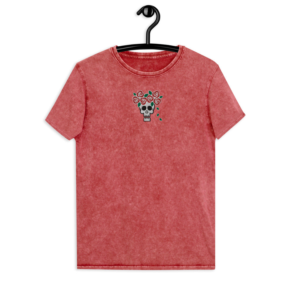Skull Royalty Flower Embroidered Denim T-Shirt