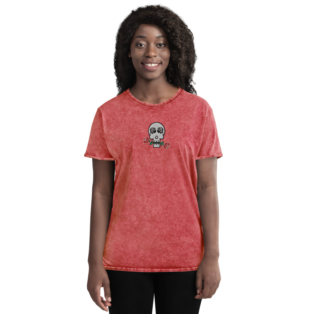 Skulls and Roses Embroidered Denim T-Shirt