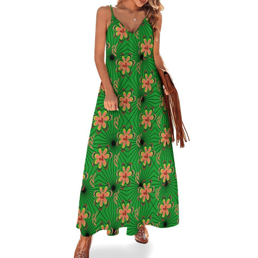 Green Floral Spaghetti Strap Women's Maxi Long Dress