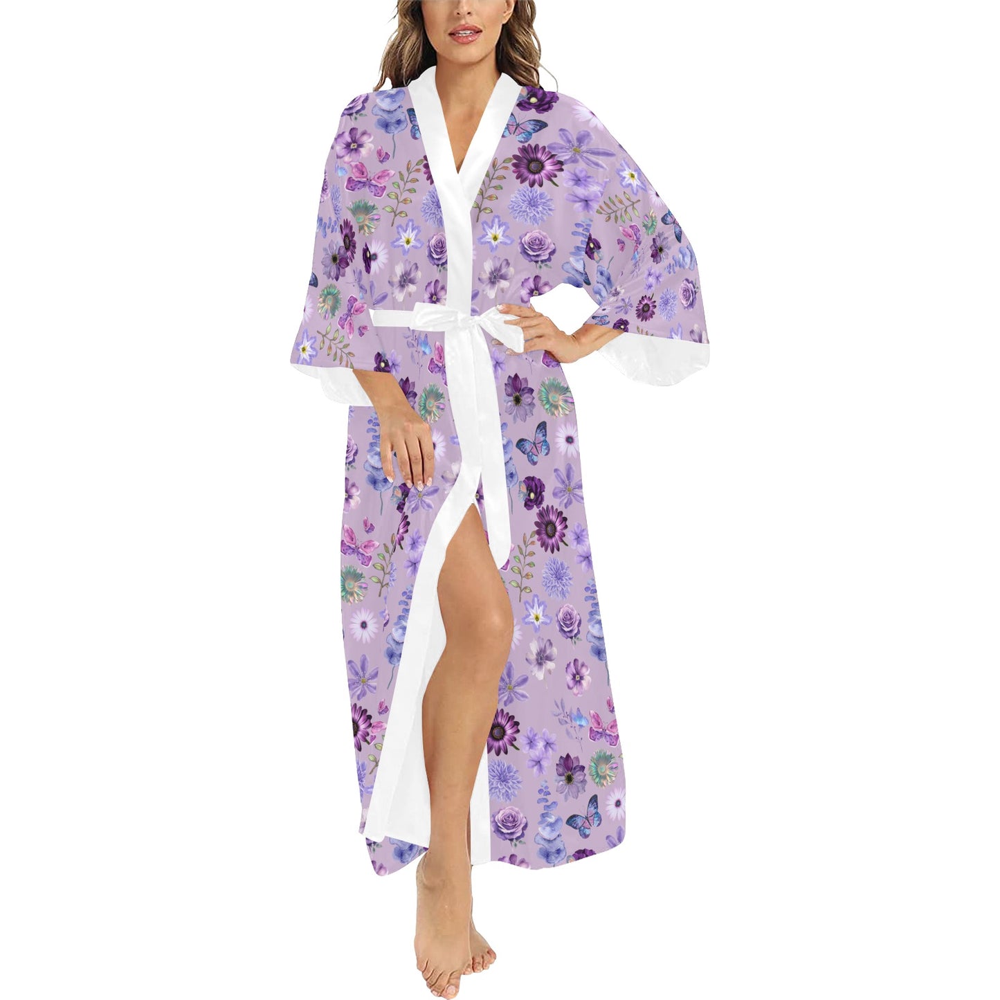 Lilac Purple Floral Women's Long Kimono Silky Robe