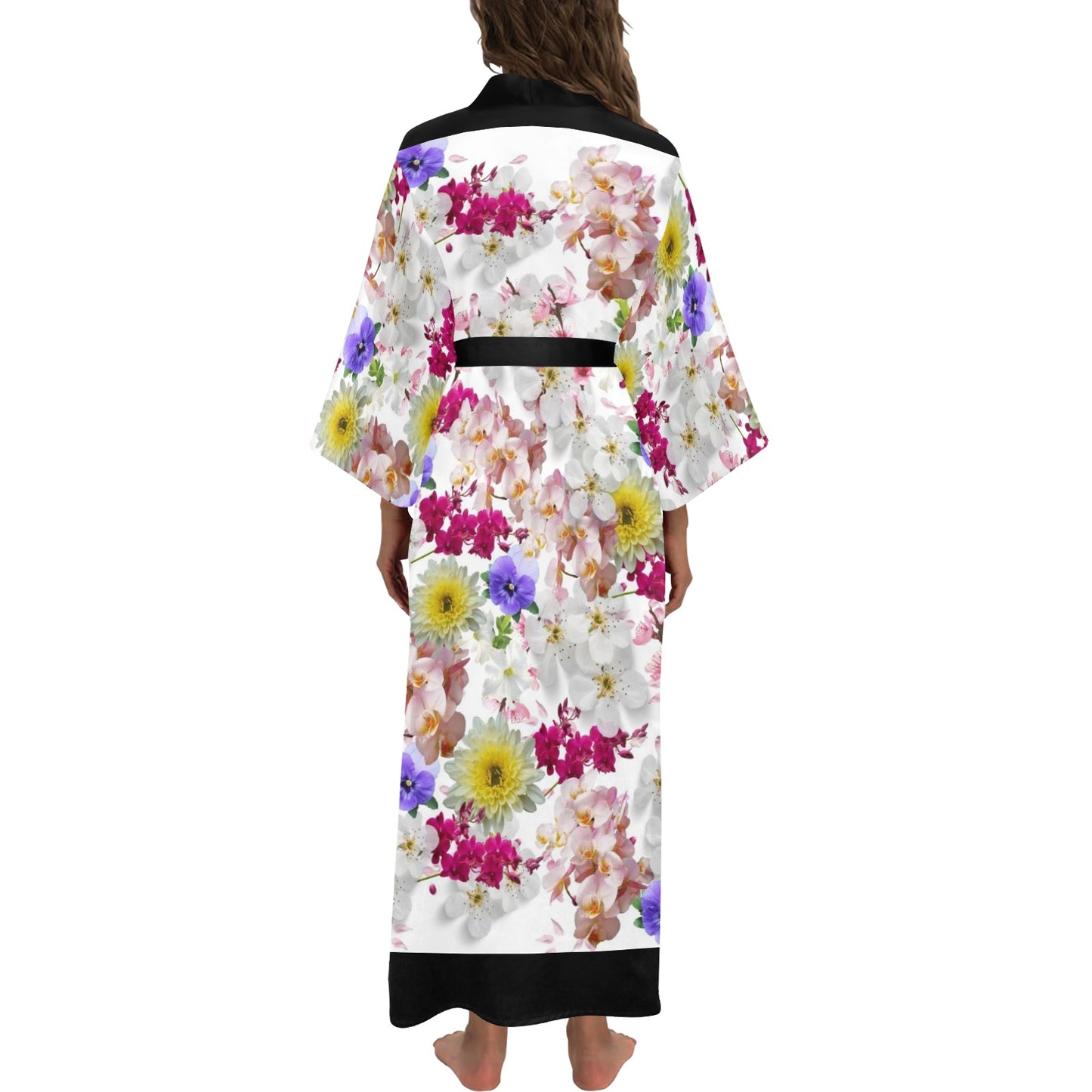 White Blossom Flower Print Women's Long Kimono Silky Robe