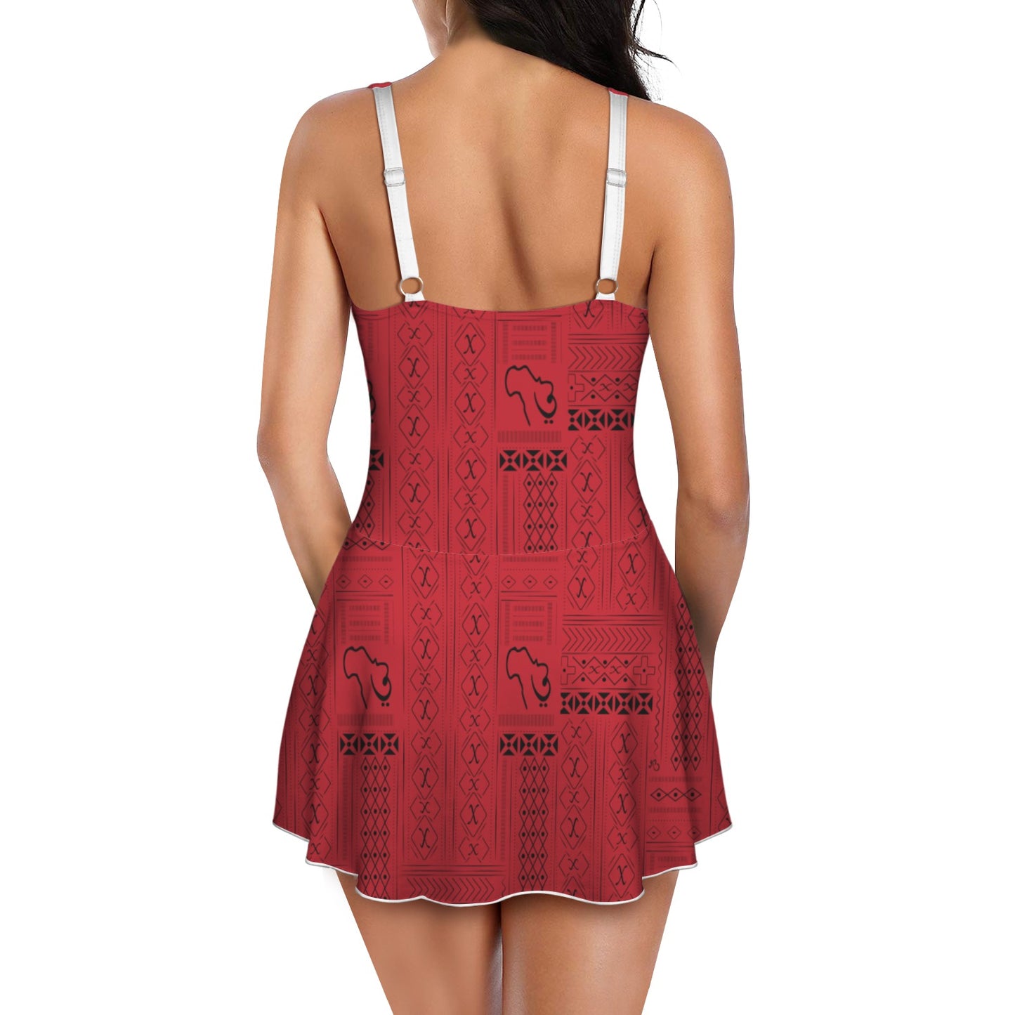 Red Tribal Print One Piece Women's Skirt Swimsuit